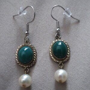 Green and faux pearl dangle earrings